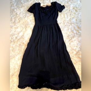 Antique 1940’s Black Crepe de Chine w Ruffles & Sequins in Small